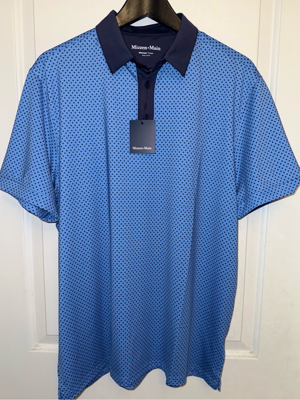 Mizzen+Main Sky Blue/Navy Micro-Geometric Print Versa Short Sleeve Polo - NWT